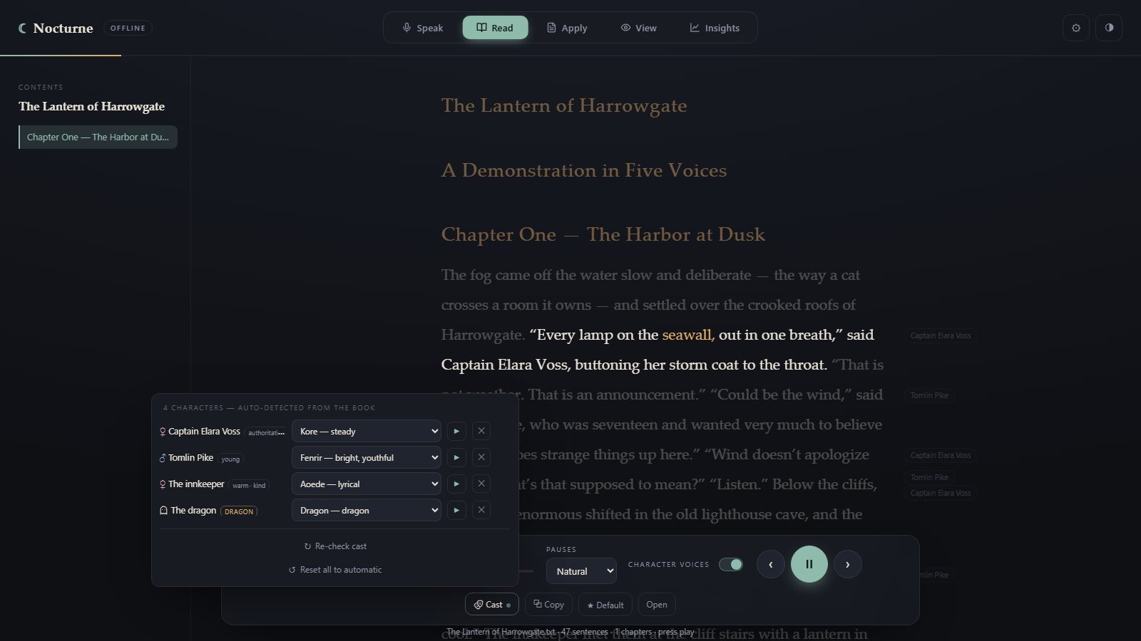 Nocturne Read with the cast panel open over the story: four characters found in the book, each with a trait tag, a voice picker and a preview button, plus Re-check cast and Reset to automatic. The sentence being read is highlighted in the text.