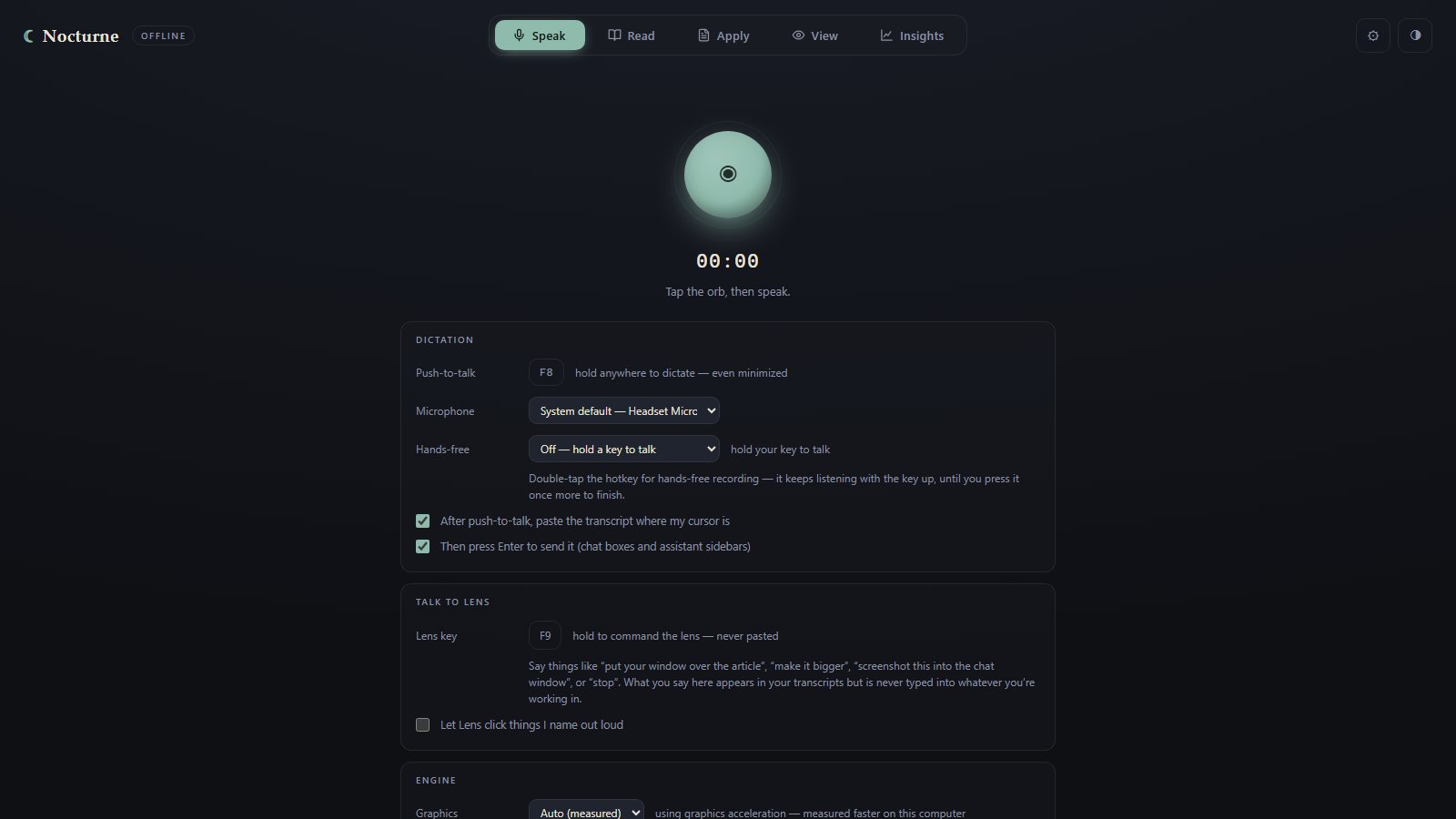The Nocturne Speak tab: the orb with a timer, the F8 push-to-talk key, microphone and hands-free settings, and the options to paste the transcript at the cursor and press Enter to send it.
