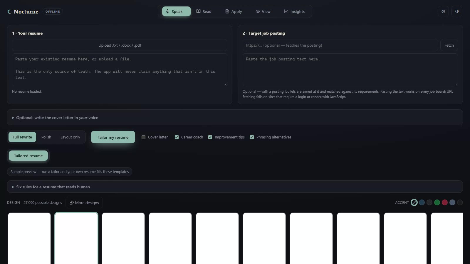 Nocturne Apply before a run: a box for your résumé, a box for the job posting, the Full rewrite, Polish and Layout-only modes, and a strip of résumé designs.