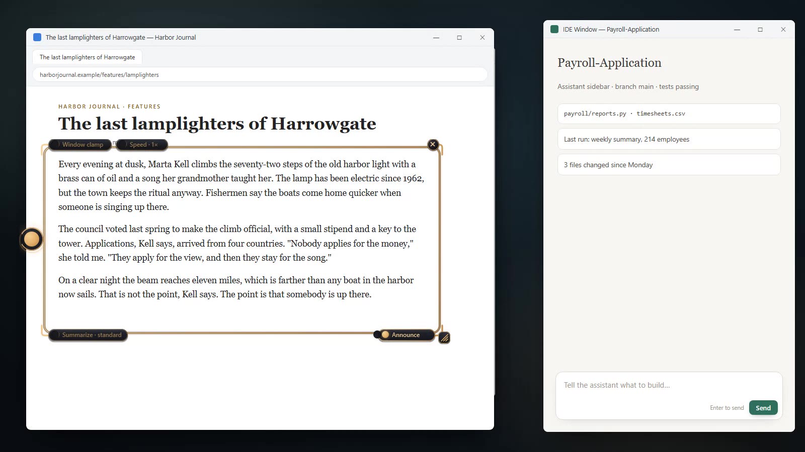 Nocturne Lens at work: its gold frame over an article in a browser window, with the Window clamp, Speed, Summarize and Announce pills and the moon on the ring, beside an editor window.