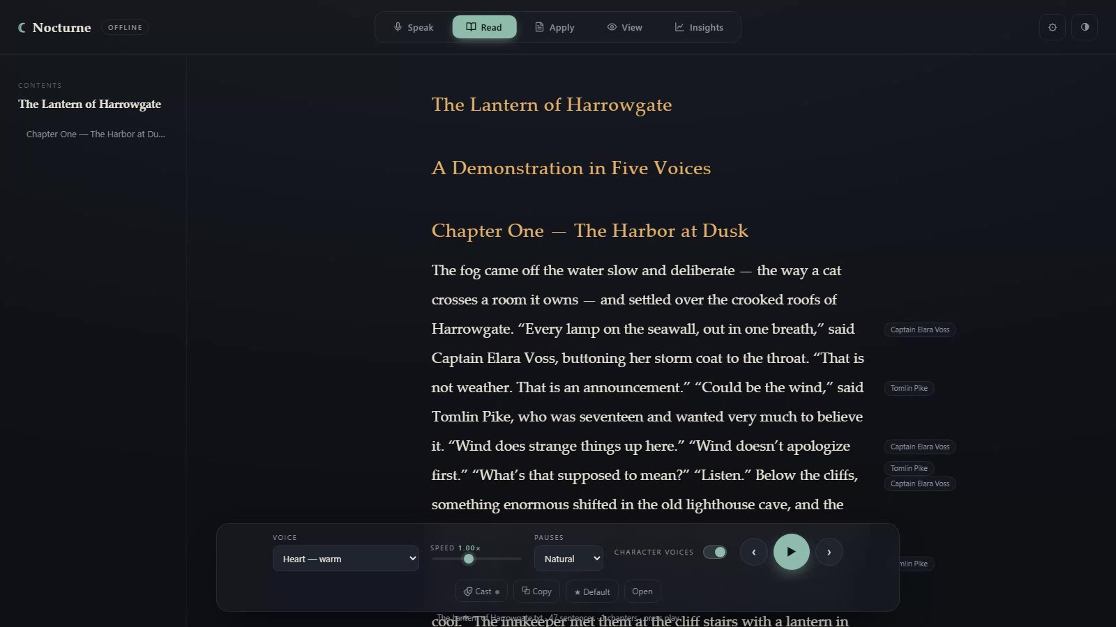 Nocturne Read with a demo story open: chips beside the text name the character speaking each line, and the player bar sets the narrator voice, speed and pauses.