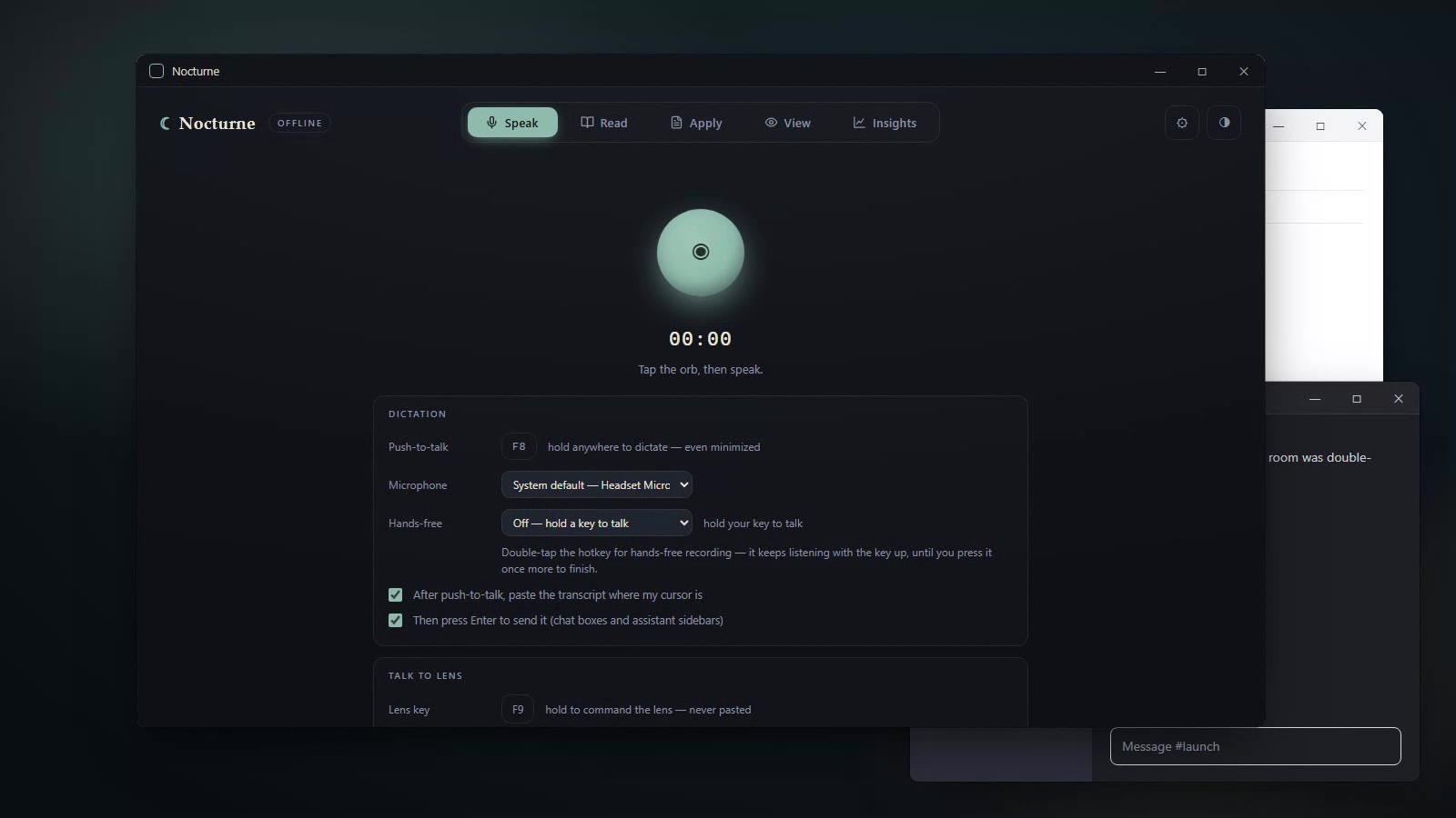 The Nocturne Speak tab in front of a chat window: the listening orb, the F8 push-to-talk key, microphone and hands-free settings, and the paste-at-cursor options.